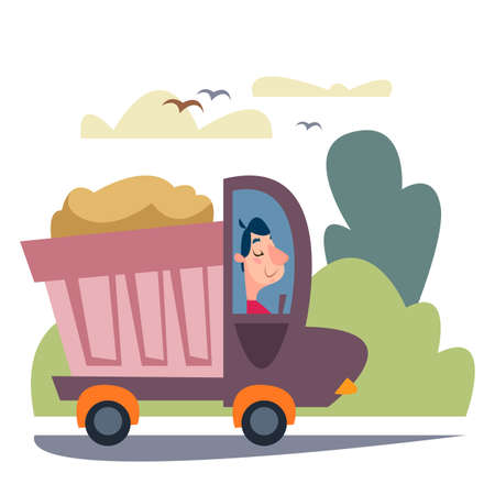 Colorful Toy with sand. A truck with sand is driving along the road. On the background of nature clipart. Work as a truck driver. Vector illustration in cartoon style.のイラスト素材