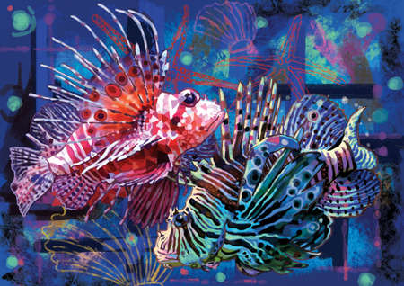 Zodiac signs - Pisces colored . Two beautiful scenic realistic ruff fish. Horoscope illustrationの写真素材