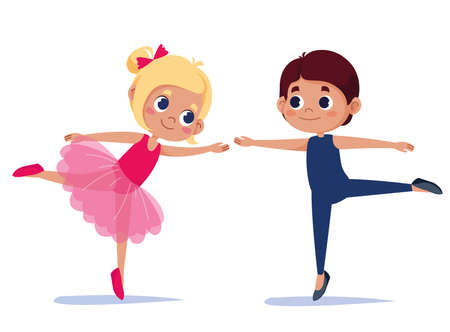 Ballet boy and girl vector cartoon illustration. Children in beautiful outfits are dancing. Woman in a pink dress. Male athlete in tights cete funのイラスト素材