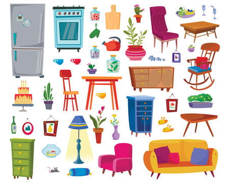 Large set of furniture and interior items. Kitchen furnishings. Living room or study. Vector in cartoon style. Cartoon funのイラスト素材