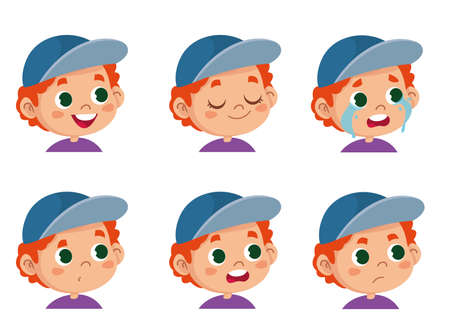 Vector character funny. Illustration of cute faces of redhead schoolboy boy showing different emotions. Avatar isolated on white background clipartのイラスト素材