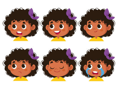 Vector character funny. Illustration of cute faces of black little schoolgirl girl showing different emotions. Avatar isolated on white background clipart african funのイラスト素材