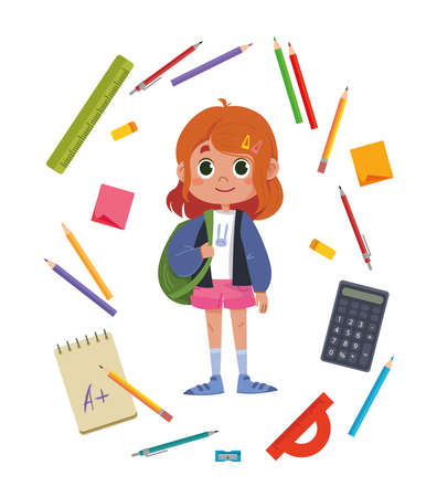 Schoolboy cute beautiful girl surrounded by subjects related to study. Stationery. Multicolored vector illustration. Pencils, calculator, ruler and more fun flatのイラスト素材