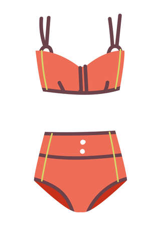 Fashionable women one piece sport swimsuit vector icon. Flat design style. Red bikini in retro logo style clipartのイラスト素材