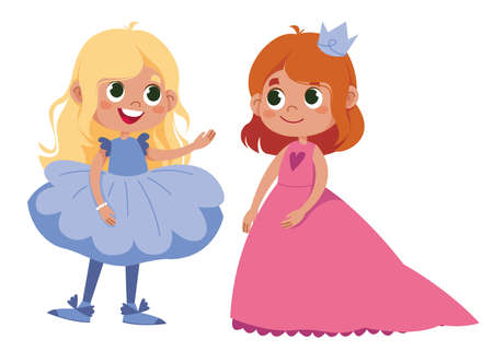 Illustration of two cute. Vector two girls schoolgirls in elegant dresses are talking. Princess clothes. Fairies and magic children. Isolated on white background. Trending style and colorのイラスト素材