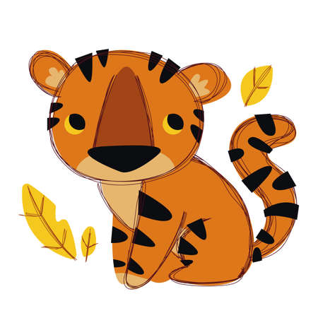 Cute baby tiger cartoon sitting. Isolated on white background. Trending style and color clip artのイラスト素材