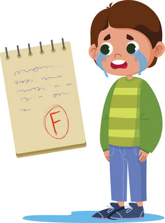 Schoolboy boy crying because of bad mark for exam, lettering on laptop vector flat. Test result F. Bright funny cute clipart illustrations. back to school. Fのイラスト素材