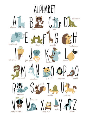 Vector Animals Alphabet. Vector childish print with letters and animal illustrations. Lettering lettering. Trendy boho style and color. Isolated on white background clip artのイラスト素材