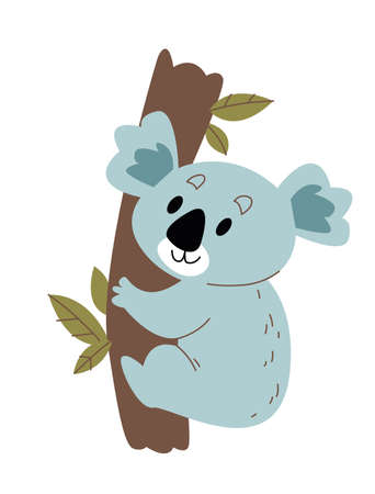 Cute koala cartoon on a tree vector. Image in cartoon style isolated on white background. Trending style and color clipartのイラスト素材