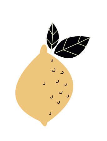 One yellow lemon with black branch and leaves isolated on white background. Hand drawn illustration for healthy food, vitamin, fresh organic citrus fruits. Perfect for postcard, print, banner, logoのイラスト素材