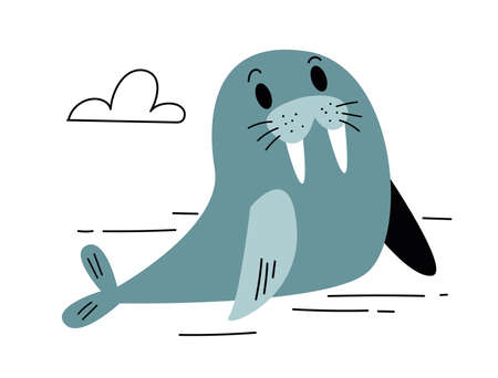 Baby print with cute walrus. Hand drawn graphic for poster, card, label, flyer, page, banner, baby wear, nursery. Scandinavian style. Vector illustration. Trending style and color. Logo clip artのイラスト素材