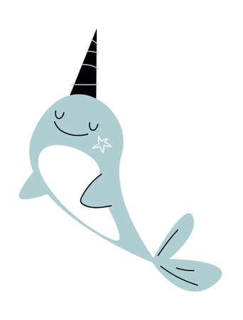 Digital cute illustration of narval whale isolated on white background. Flat illustration. Actual style and color. Logoのイラスト素材