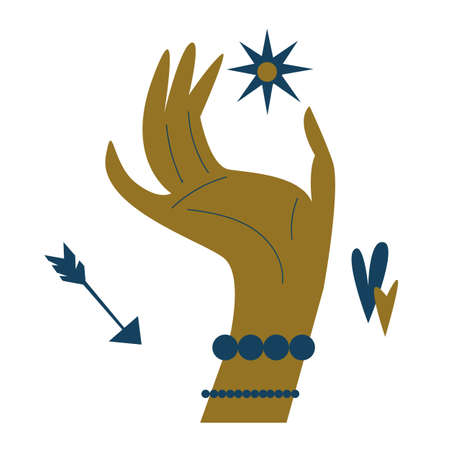 Hand drawn line art and dot work gold moon phases in hands of witch isolated. Boho chic flash tattoo, poster, altar veil or tapestry print design vector illustration. Flat illustration. Logoのイラスト素材