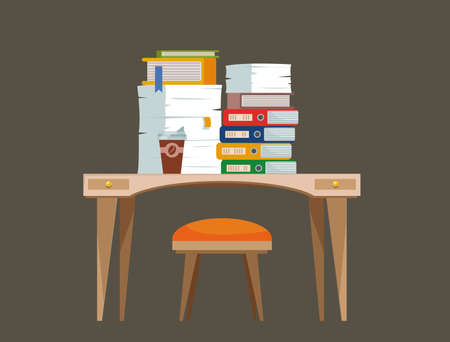 Cluttered workplace. A desk with a chair, a computer littered with documents and folders. Vector flat illustration. The concept of a crunch. Freelance at home.のイラスト素材