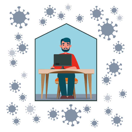 Workplace. The man is sitting at the table. The building is protected from the Covid virus. Coronavirus, self-isolation at home. Vector flat illustration. Concept, freelancer, clipartのイラスト素材