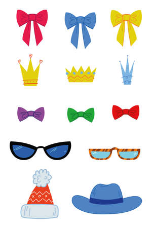 Set of princess crowns, hat, glasses, heart, bow, ribbon, decoration isolated on white Vector illustrationのイラスト素材
