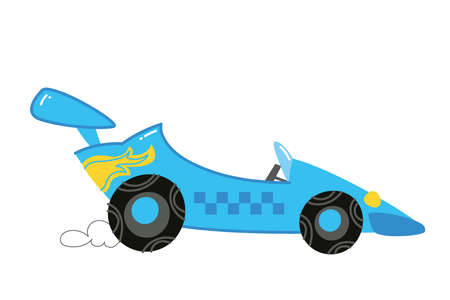 Vector modern cartoon racing blue car. Auto kids funny and cute logo. Boy print - for clothes, cards, banner.のイラスト素材