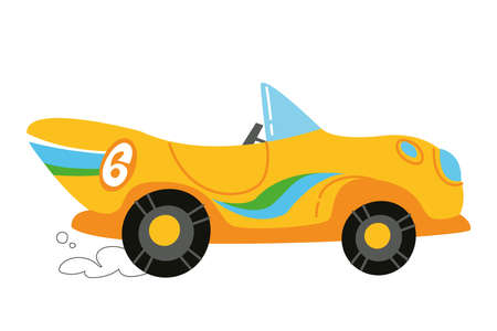 Vector modern cartoon racing yellow car. Auto kids funny and cute logo. Boy print - for clothes, cards, banner. Clipart trending for the kidのイラスト素材
