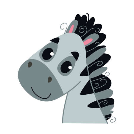 Cute baby zebra. Avatar of a wild African animal horse. Portrait illustration isolated on white. Design for children s print boy and girl, educational cards, clipartのイラスト素材