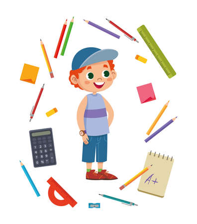 Schoolboy red-haired boy surrounded by subjects related to study. Stationery. Multicolored vector illustration. Pencils, calculator, ruler, etc.のイラスト素材