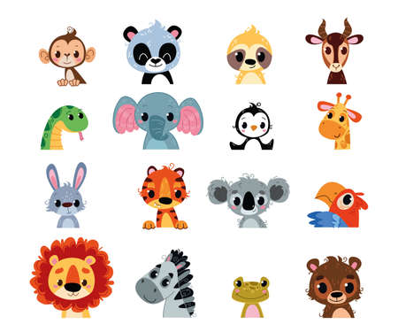 Vector set of cute little animals. African baby beasts avatar. Kids characters for room,. Lion, Panda, Monkey, Elephant, Sloth, Koala, etc. print, clothes, postcard, zoo logo or banner. Clipart funのイラスト素材