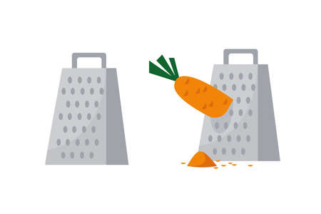 Lattice set. Grated carrot vegetable. Cooking process vector illustration. Crockery and crockery isolated on white. Clipartのイラスト素材