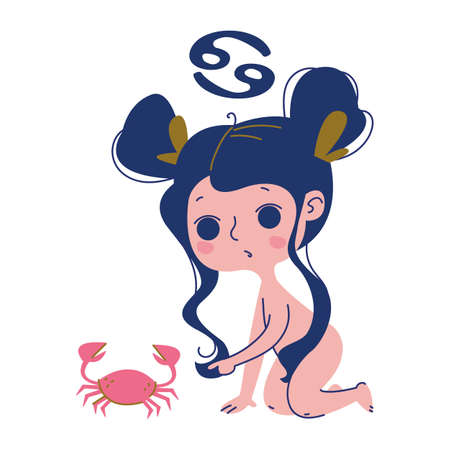 Cancer Zodiac Sign Vector. Funny horoscope, astrology, birthday. Isolated image of a naked beautiful woman and a crab. Trendy style and print color for the gift. Cartoon character. Clipart artのイラスト素材