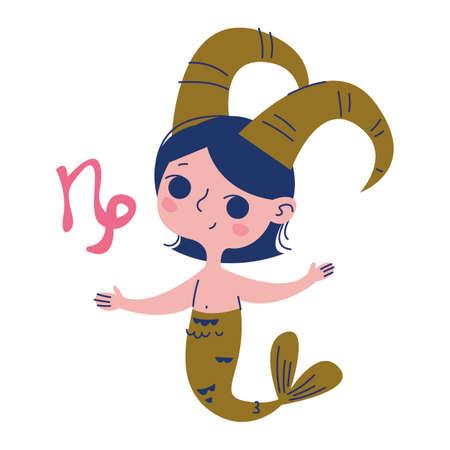 Capricorn Zodiac Sign Vector. Funny horoscope, astrology, birthday. Isolated image of a naked beautiful woman with a fish tail and goat horns. Trendy style and print color, gift. Cartoon character.のイラスト素材