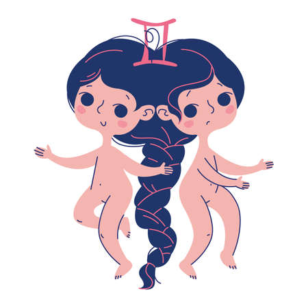 Gemini Zodiac Sign Vector. Funny horoscope, astrology, birthday. Isolated image of a naked beautiful woman with her sister. Braid hairstyle. Cartoon character. Trendy style and print color, gift.のイラスト素材