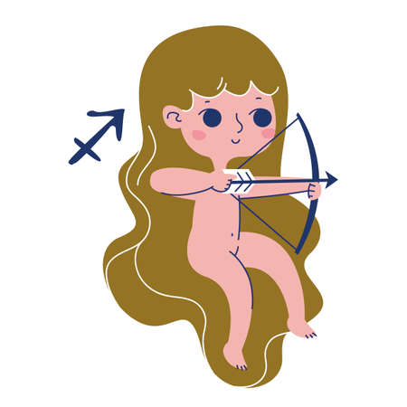 Sagittarius Zodiac Sign Vector. Funny horoscope, astrology, birthday. Isolated image of a naked beautiful woman with a bow on the hunt. Warrior goddess. Trendy style. Character Girl Cartoonのイラスト素材
