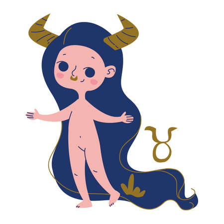 Taurus Zodiac Sign Vector. Funny horoscope, astrology, birthday. Isolated image of naked beautiful woman with bull horns. Trendy style and print color for the gift. Cartoon Girl Characterのイラスト素材