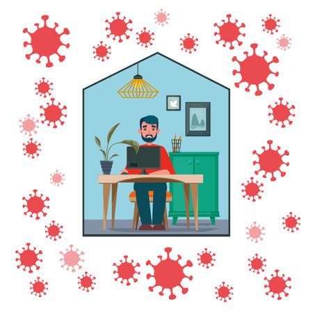 Workplace. Red Coronavirus, self-isolation at home. Vector flat illustration. Concept, freelancer, clipart icon. The man is sitting at the table. Building is protected from the Covid virus. 2019-ncovのイラスト素材
