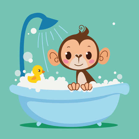 Cute Baby Monkey Bathes in the bath. Vector print for children. Cartoon character kids animal. Cleanliness in the bathroom art.のイラスト素材