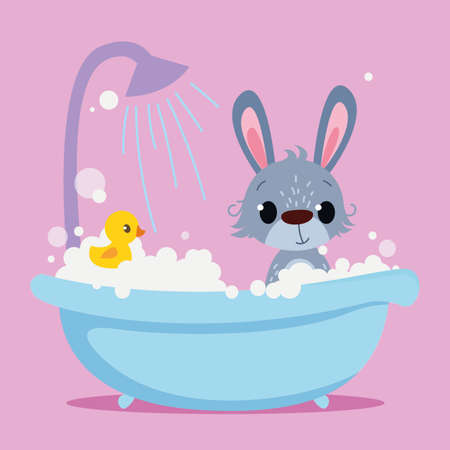 Cute Baby Rabbit is bathing in the bathtub. Vector print for children. Cartoon character of kids animals. Cleanliness in the bathroom art.のイラスト素材