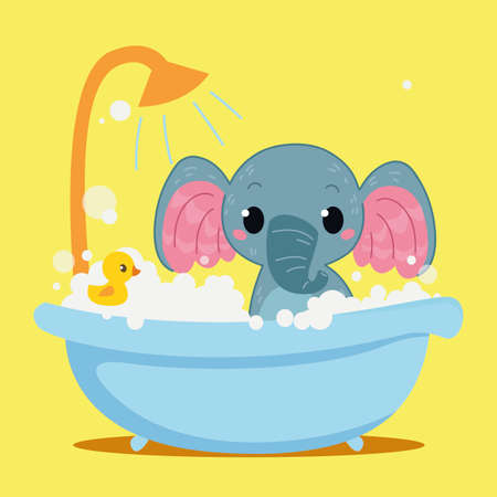 Cute Baby elephant is bathing in the bathtub. Vector print for children. Cartoon character of kids animals. Cleanliness in the bathroom art.のイラスト素材