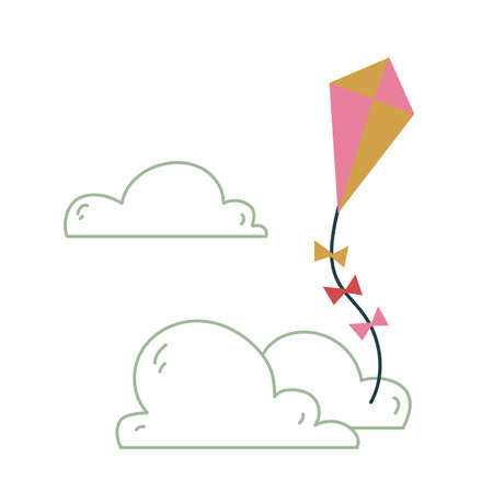 Cute pink kite. Vector print for children. Flying in the sky against the background of clouds. Minimalism for a nursery or print. Baby illustration isolated on white clipartのイラスト素材