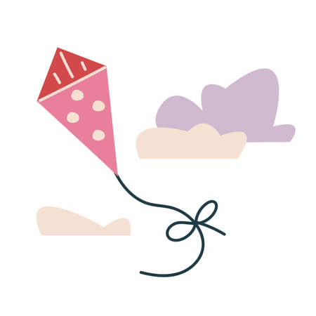 Cute pink snake with polka dots. Vector print for children. Flying in the sky against the background of clouds. Minimalism print. Kid illustration playing in the park isolated on white clipartのイラスト素材