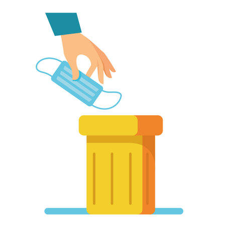 Throw the Used Mask into the Trash can in the hand. Yellow container. The concept of the end of the pandemic and covid-19 disease. Flat illustration clipart isolated on white clipart trendのイラスト素材