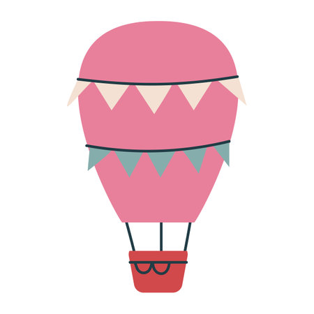 Cute pink balloon transport with flags. Vector print for children. Flight in the sky. Minimalism for the nursery or print. Childish art clipart isolatedのイラスト素材