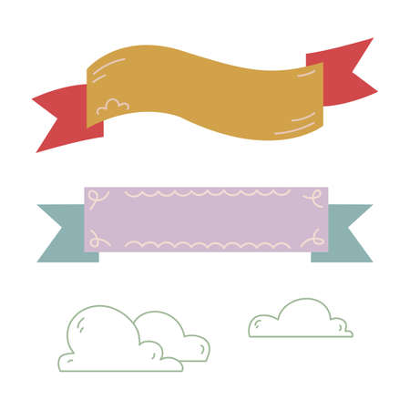 Set of banner ribbons for text. Clouds silhouette by line. Vector illustration isolated on white background clipartのイラスト素材