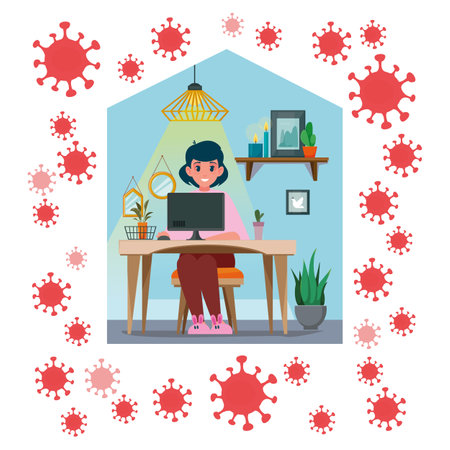 Girl s workplace. Red coronavirus, self-isolation at home. Vector flat illustration. Concept, freelancer, icon clipart. The designer worker sits at the table. The building. 2019-nCoVのイラスト素材