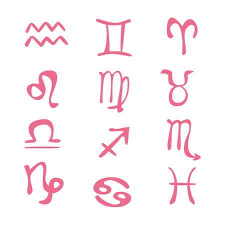 Zodiac icons pink set 12. Freehand drawing vector artのイラスト素材