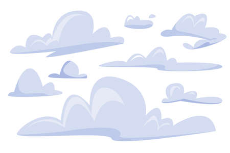 Blue clouds isolated on white sky background, vector clipart setのイラスト素材