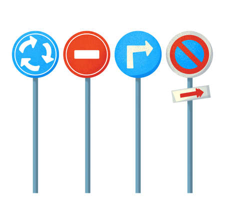 Road signs set. Cartoon childrens illustration. Isolated on white background. No entry car, turn, signの写真素材