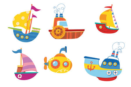 Cute colorful set of vector boats. Ship children s print is bright. For the decor of postcards, clothes, sticker clipart. Baby cartoon transport. Traveling in the summer on a cruise on the water.のイラスト素材