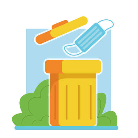 Used protective medical mask. Garbage disposal. Yellow container. Concept of the end of the pandemic and the COVID-19 disease. Flat illustration clipart isolated on bush and blue oval backgroundのイラスト素材