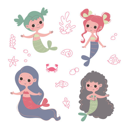 Cute cartoon mermaids with blue, pink, purple hair. Vector illustration. Children's print for a girl. Pastel color. Cartoon characterのイラスト素材
