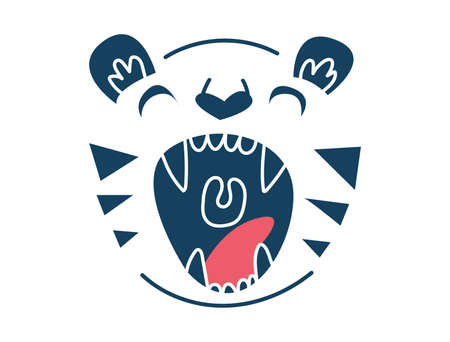 Tiger s wrath. The open mouth growls. Vector illustration of a tiger head. New year 2022 symbol blue. Flat illustration. Actual style and color. Logoのイラスト素材