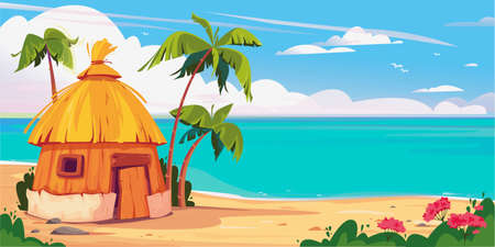 Bungalow on Maldives island with palm trees and tropical flowers, resort water villas vector banner. A hut by the ocean, summer. Thailand vacation. Hawaii resort. Template for textのイラスト素材