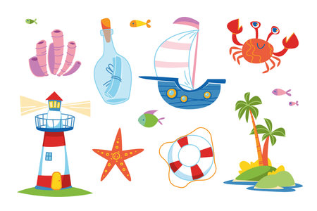 Cute colorful set of marine elements. Ship, Lighthouse, Algae, crab, Desert island, lifebuoy, bottle with a message. For decor clipart. Kids cartoon fun print. Summer travel on water cruise artのイラスト素材